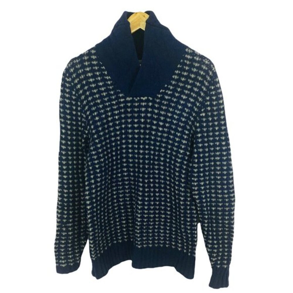 FREDERIK ANDERSON COPENHAGEN Shawl Collar Sweater Elbow Patches Blue Medium Wool